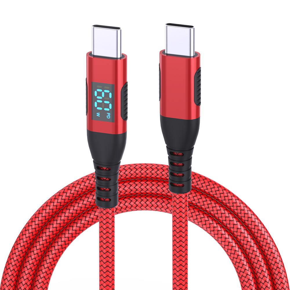 1m USB-C to USB-C Cable Digital Display 3A/20V 60W Fast Charging Braided Data Cord for Smartphones Tablets