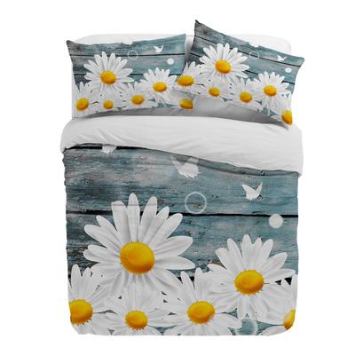 Funda nórdica con diseño de margaritas blancas, mariposas y flores de madera con funda de almohada, juego de cama personalizado de 3 piezas, funda de edredón para cama doble, textiles para el hogar