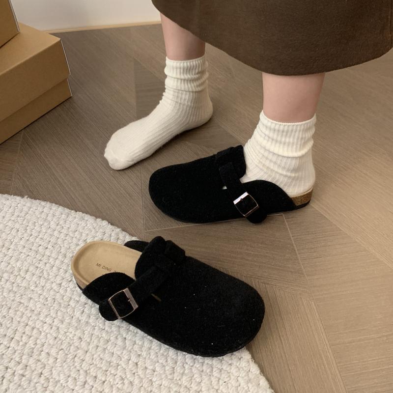 Fashion Woman's Fleece Felt Mule Clogs Closed Toe Real Soft Cork Footbed Slide Slippers Ladies Winter Warm Plush Birken Sandals
