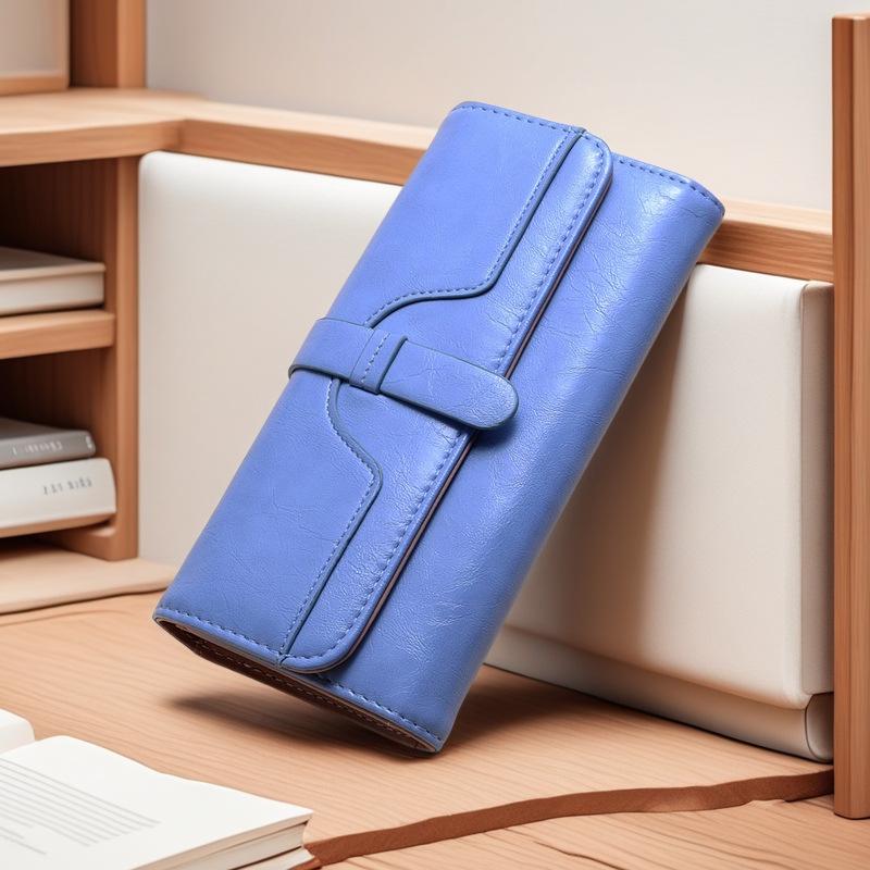 Women's Tri-fold Oil Wax Leather Wallet with Buckle - Multi-Card Holder, Solid Color, Fashionable and Simple Design