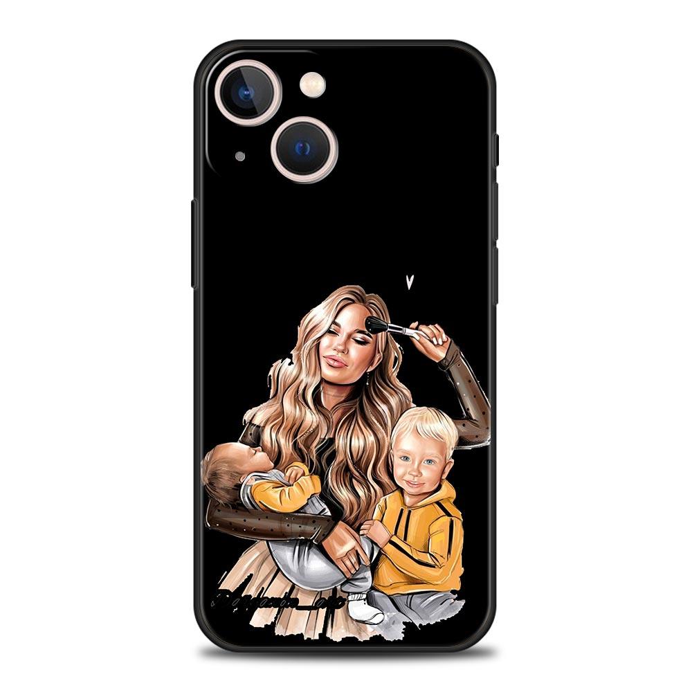 Schwarz Braun Haar Baby Mama Mädchen Sohn Telefon Fall Für iPhone 13 15 14 12 Mini 11 Pro MAX XR X SE XS 7 8 Plus Silikon Schwarz Abdeckung
