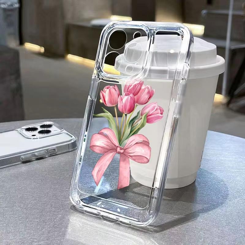 Trendy Pink Tulip Bow Clear Phone Case For iPhone 17 16 Pro Max 15 14 Plus 13 12 11 XS X XR 7 8 Plus 16E 17 Air Protective Cover