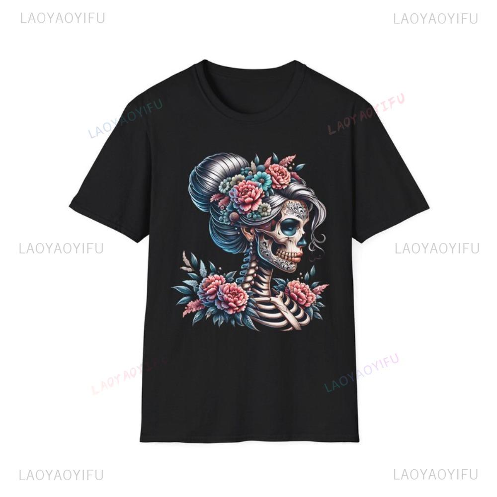 

Floral Sugar Skull TShirt Day of The Dead Women Casual Tshirt Boho Festival Style Tee Fashion Daily Life Graphic Printed Tops 4XL