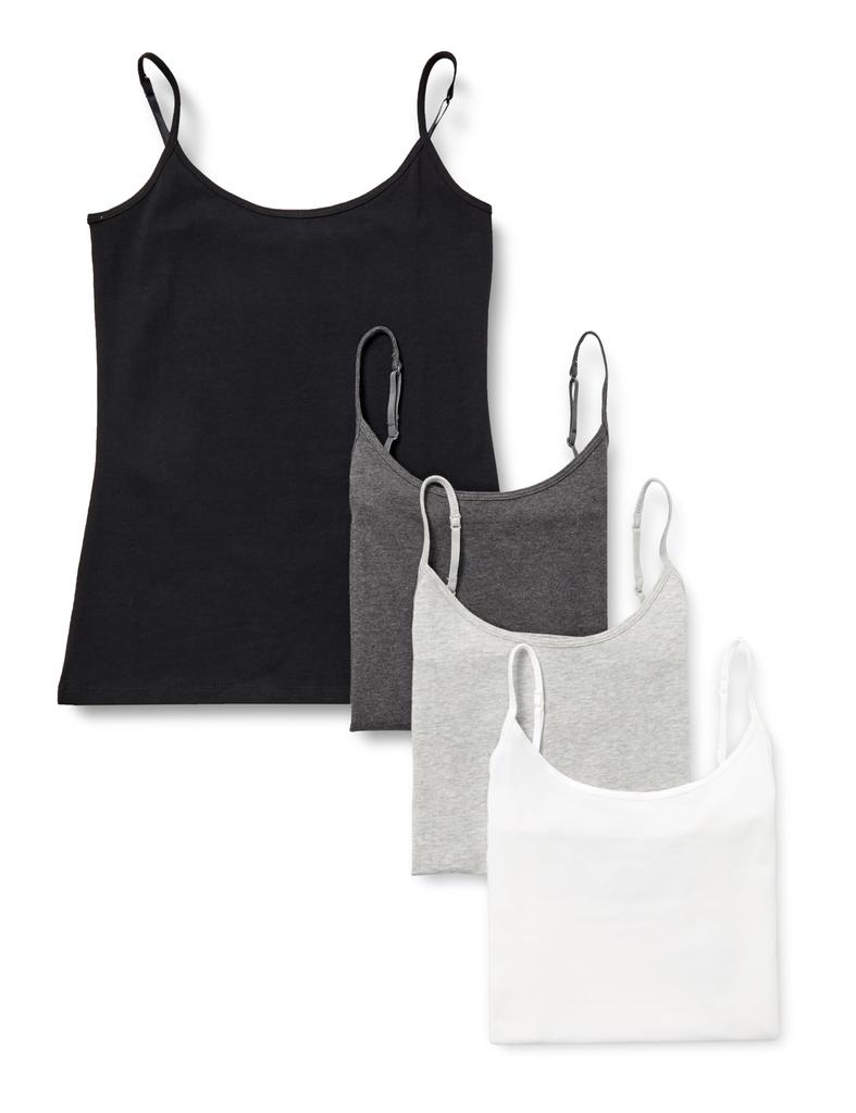 Amazon Essentials Slim Fit Light Medium 4-Pack Camisoles, Women's, Black/Heather Charcoal/Heather Gray/White,