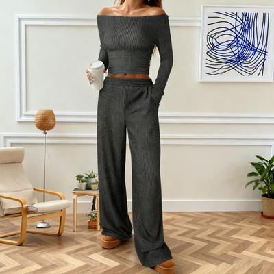 Yousheng Women's 2 Piece Outfits Fall Casual Boat Neck Long Sleeve Ribbed Top Wide Leg Pants Matching Lounge Set