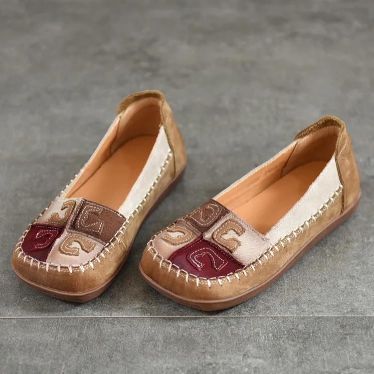 Johnature Vintage Mieszane Kolory Ręcznie Robione Damskie Buty Miękka Podeszwa Płytkie Prawdziwej Skóry Kwadratowe Noski Płaskie Buty