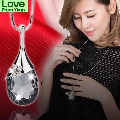 Delicate Flower Crystal Long Necklace Temperament Women Water Drop Pendant Sweater Necklaces Dress Accessories