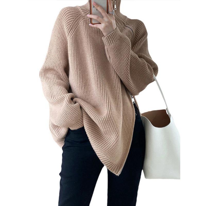 Lazy Style High Neck Zipper Solid Color High-end Knitted Sweater for Outerwear, Loose Long Sleeved Warm Top for Outerwear