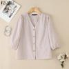 ZANZEA Women Casual V-Neck Loose 3/4 Sleeve Stripe Blouse
