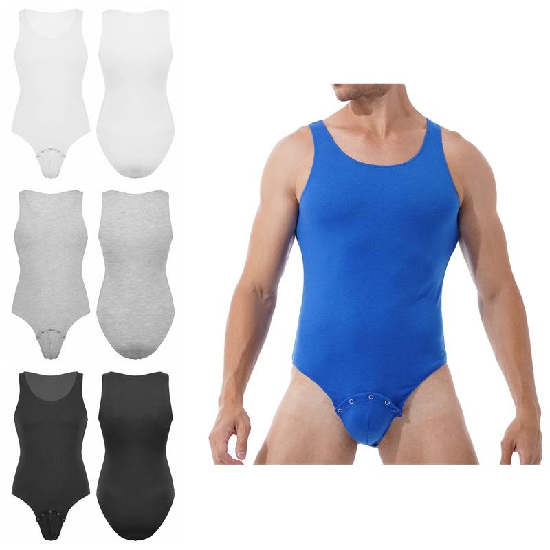 Mens U-Neck Fitness Bodysuit Sleeveless Crotch Snap Design Gym Workout Wear
