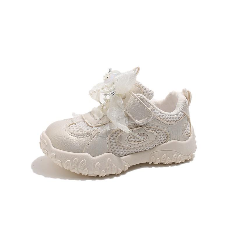 Girls Casual Sneakers With Bow Detail Mesh Upper Lightweight Non-Slip Sport Shoes Kids Ages 4-12
