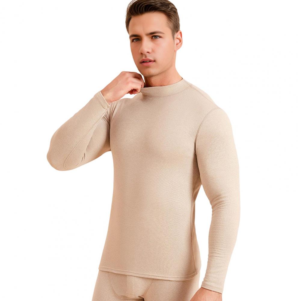 2Pcs/Set Men Warm Outfit O-Neck Long Sleeve Thermal Top High Waist Long Trousers Set Slim Fit Breathable Bottom Outfit