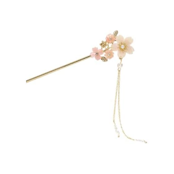 Cherry Blossom Flower Pearl Hair Pin Clip for Bangs, Hair Accessories for Japanese Kimono Yukata, Alloy with Cubic Zirconia Chain