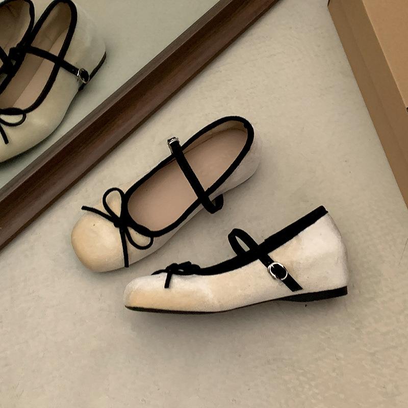 

Белые французские туфли с увеличенной внутренней высотой и плоским носком, женские туфли на плоской подошве 2025 года, универсальные балетки Мэри Джейн 40 бежевый