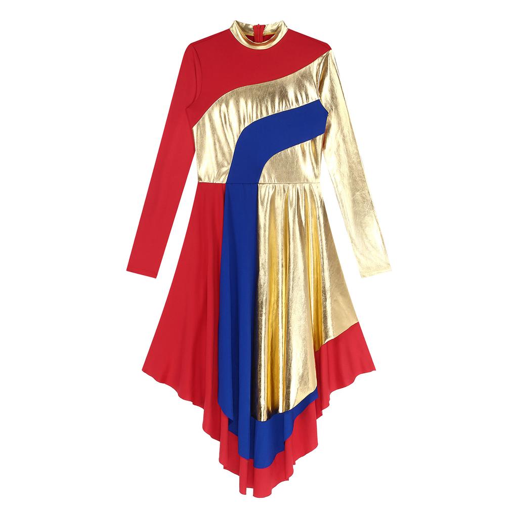 Women Color Block Liturgical Praise Dance Dress Church Worship Costume Lyrical Irregular Hem Dancewear