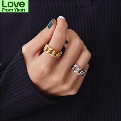 925 Sterling Silver Fashion Gold Color Lock Chain Open Rings For Women Men Twisted Geometric Finger Rings Party Jewelry S -R941