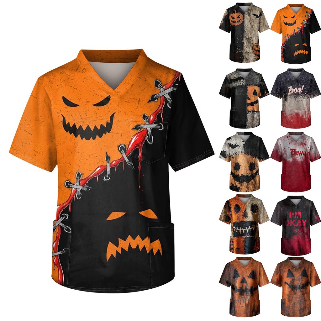 Men's Printing Short Sleeve V-neck Working Blouse Chest Pocket Carer Top