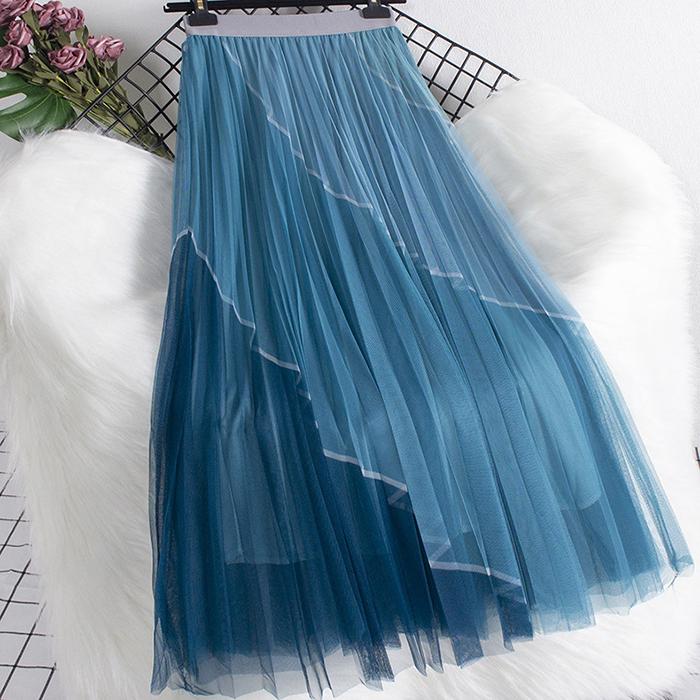 Women Spring Fall High Waist All Match Color Block Mesh A Line Skirt