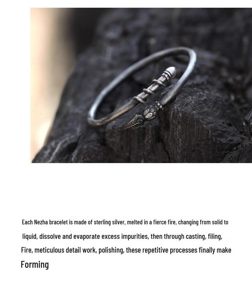 Men's Handmade Distressed Thai Silver Open Bangle - Nezha's Fire-Tipped Spear Design