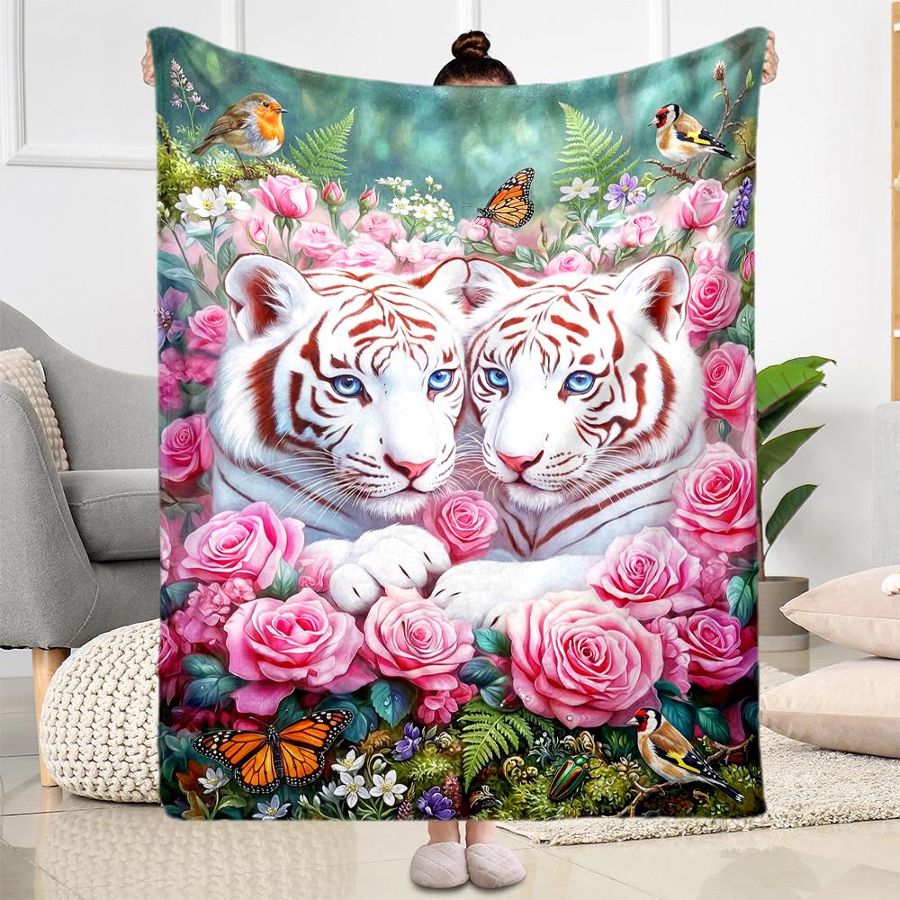 Tiger And Roses Blanket Suitable for Offices, Travel, Living Rooms Also a Good Gift for Friends and Family Suitable for All Seasons.