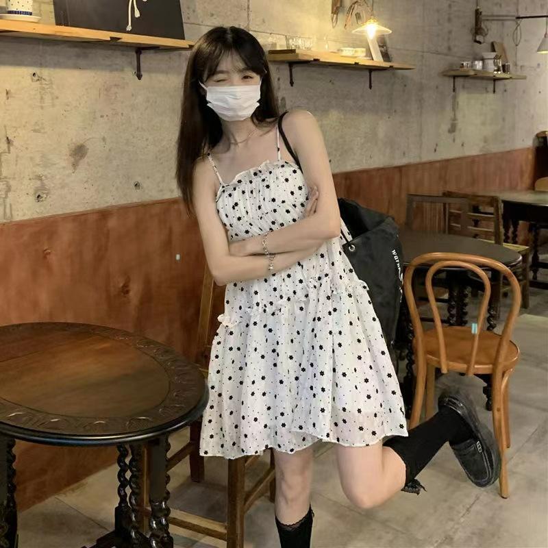 

GMXIA Платье-халтер летнее с маленьким цветочным принтом, свободная, супер фея, студенческая узкая юбка XXL белый