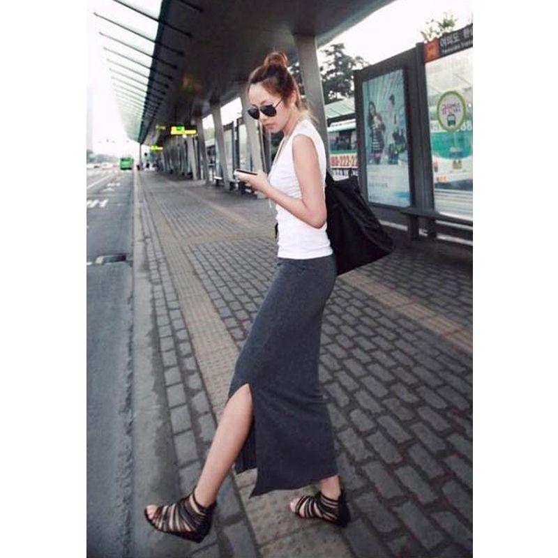 

European and American-Style Slim-Fit Side Slit Skirt with Pendant Texture Black Modal XL