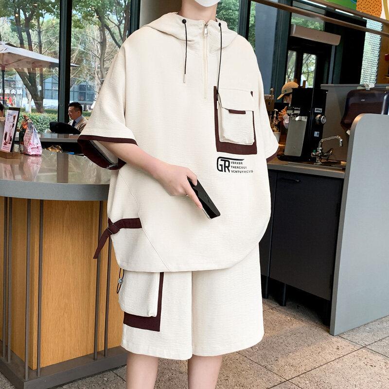 

Workwear Casual Hooded Sports Suit Summer Short-sleeved Shorts Two-piece Set 2XL білий