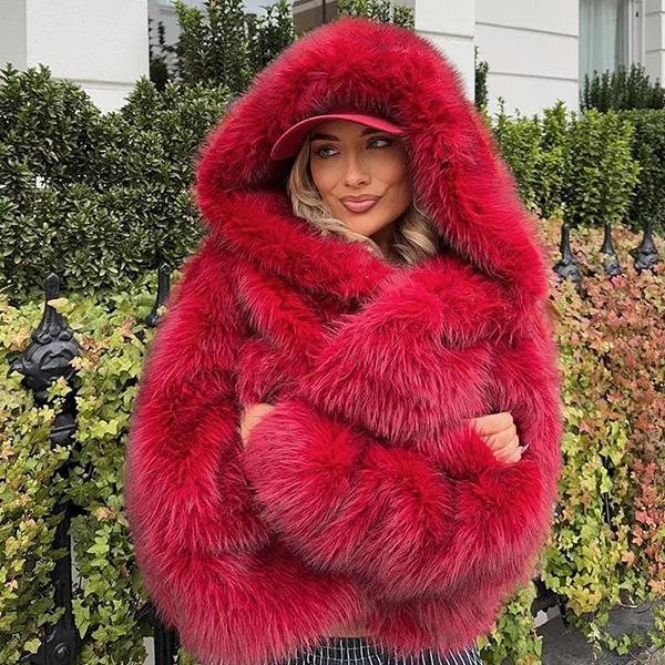 Chaqueta con capucha de piel sintética ecológica inspirada en el zorro para mujer, abrigo cálido y esponjoso premium