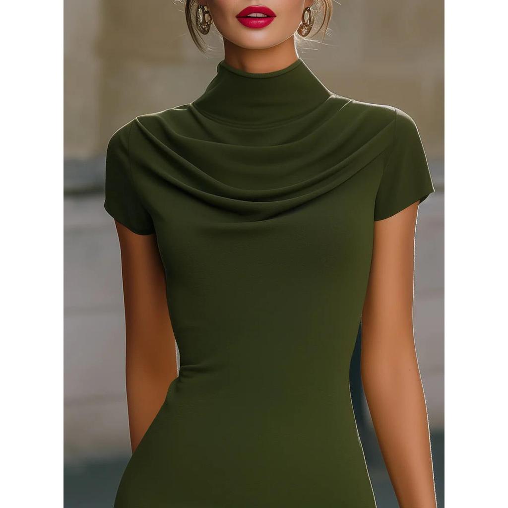 2026 Elegant Cowl Neck Bodycon Mini Dress for Women, Short Sleeve High Neck Slim Fit Party & Casual Wear