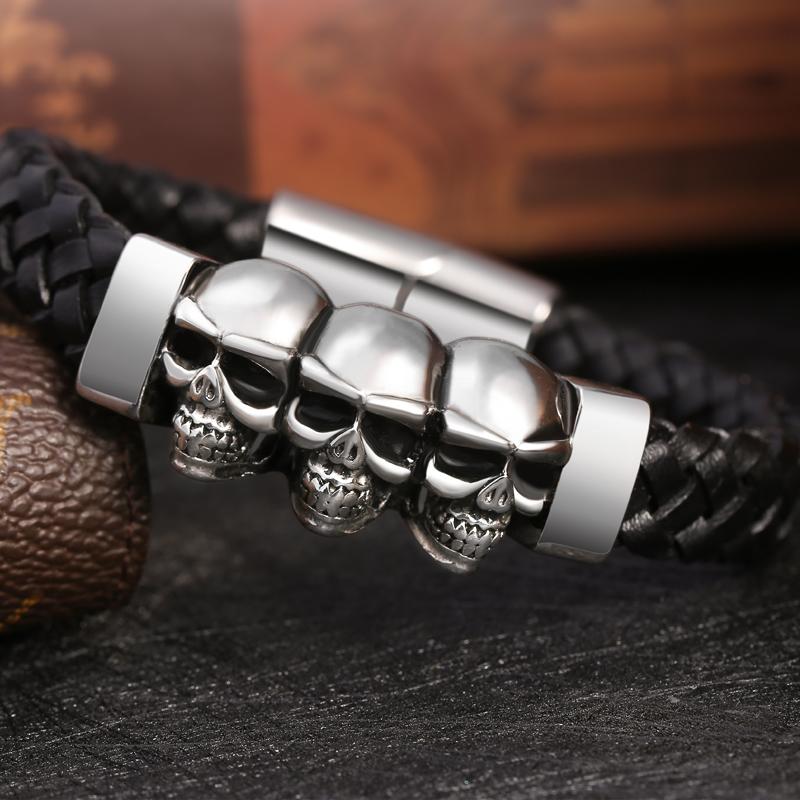Stainless Steel Leather Bracelets & Bangles Double Black Layers Cowhide Braid Rope Gothic Skull Skeleton Men Jewelry 205mm