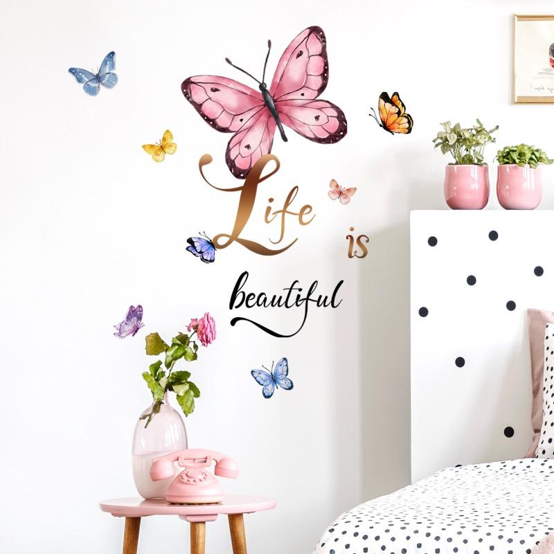 Wall Sticker English Life Is Beautiful Butterfly Wall Sticker Living Room Room Decoration Wall Sticker Self-adhesive