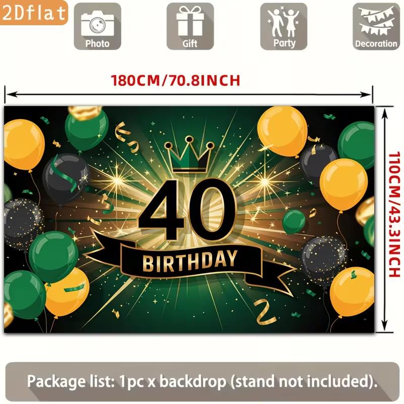 2D 40th Birthday Party Backdrop Green Gold Balloon & Crown Themed Photography Background