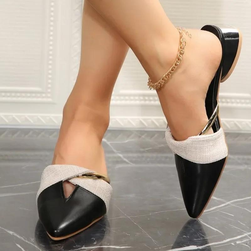 Fashion Sharp Pointed Sandals for Women 2025 New Summer Style Thick Heel Baotou Korean Version Low Heel Cool Slippers for Women