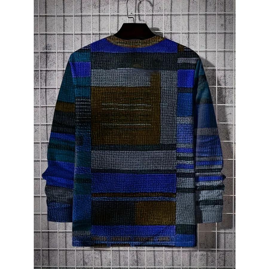 Men's Vibrant Plaid Crew Neck Long Sleeve T-Shirt - Soft, Breathable Comfortable Spring and Autumn Outdoor Activities and Sports - Perfect for Casual