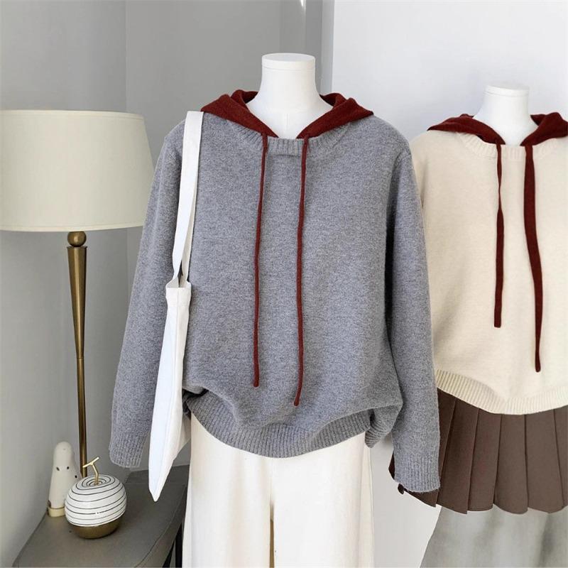 Simple contrasting colors hooded drawstring women's knitted sweater outer wear autumn and winter new long-sleeved pullover sweater women's top