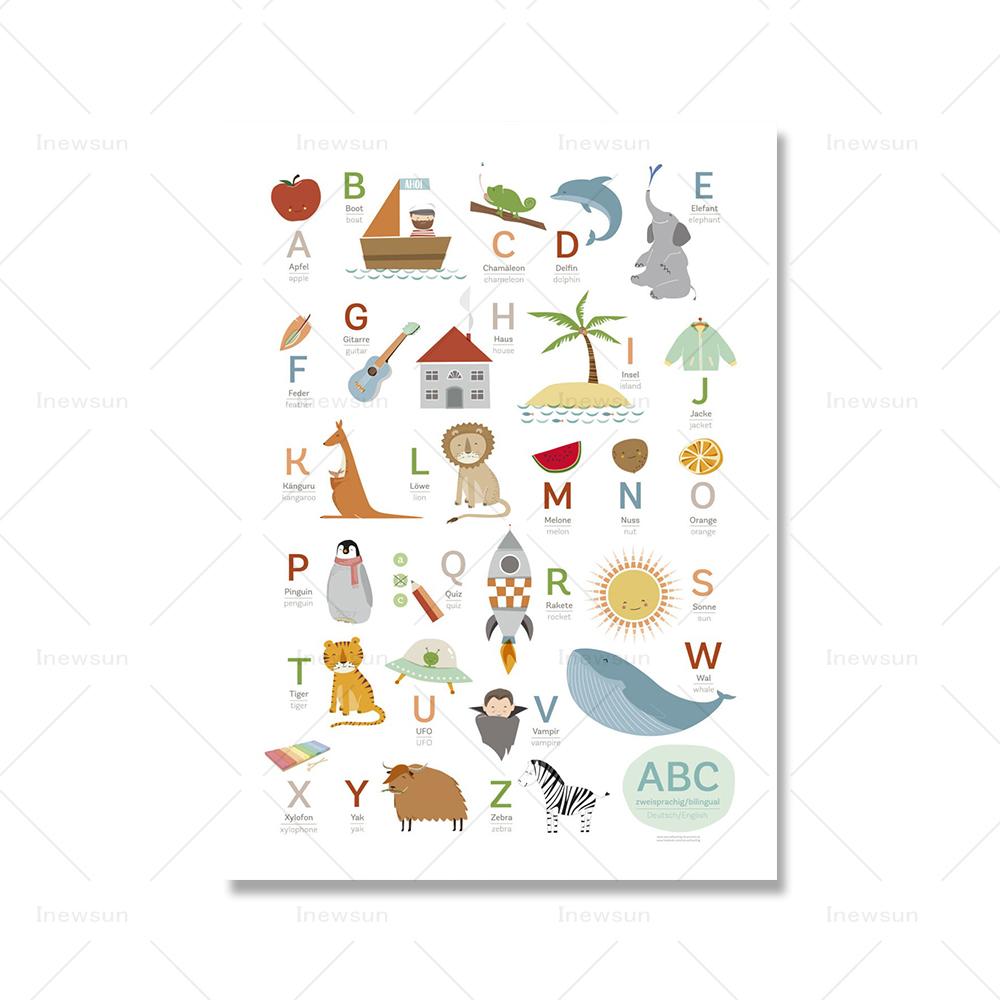 

Плакат ABC на немецком и английском языках, плакат и печать для детей, обучение животных, образование, картинки, украшения, настенное искусство, холст, живопись, детская комната 21x30cm No Framed