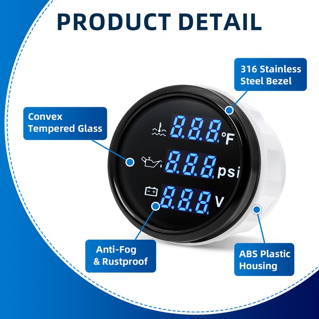 Digital 52mm 3 in 1 Water Temperature+Oil Pressure+Volt Gauge Sensors( Option) For Marine Boat Car Waterproof Gauge 12V24V