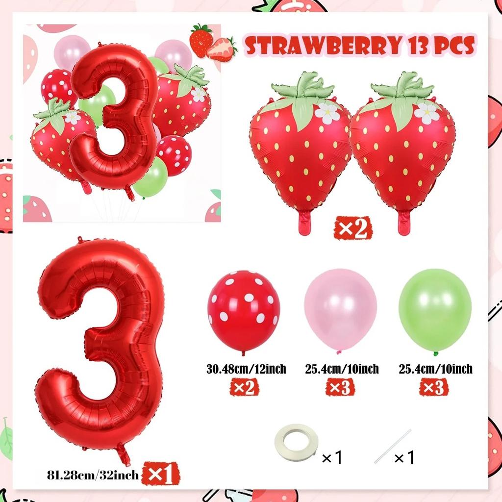 13pcs strawberry balloon aluminum foil balloon set with polka dot latex balloons for birthday party and anniversary decoration