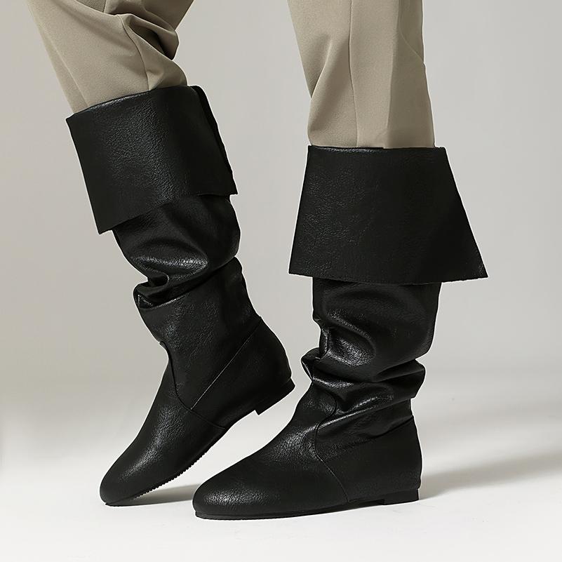 Plus Size Cracked PU Flanged Round Toe Classic Retro Western Boots Autumn New Flat Bottomed Mid-Calf Boots