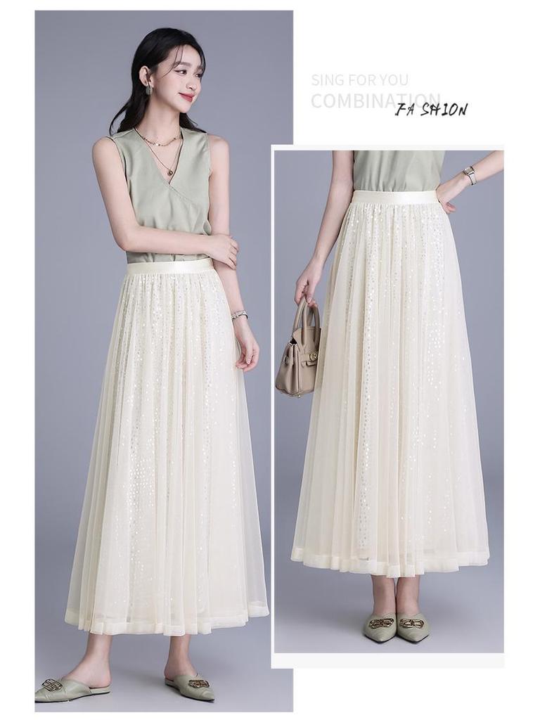 Spring 2026 Sequin Mesh A-line Midi Skirt - Slimming, Drapey, Fashionable, Casual Wear