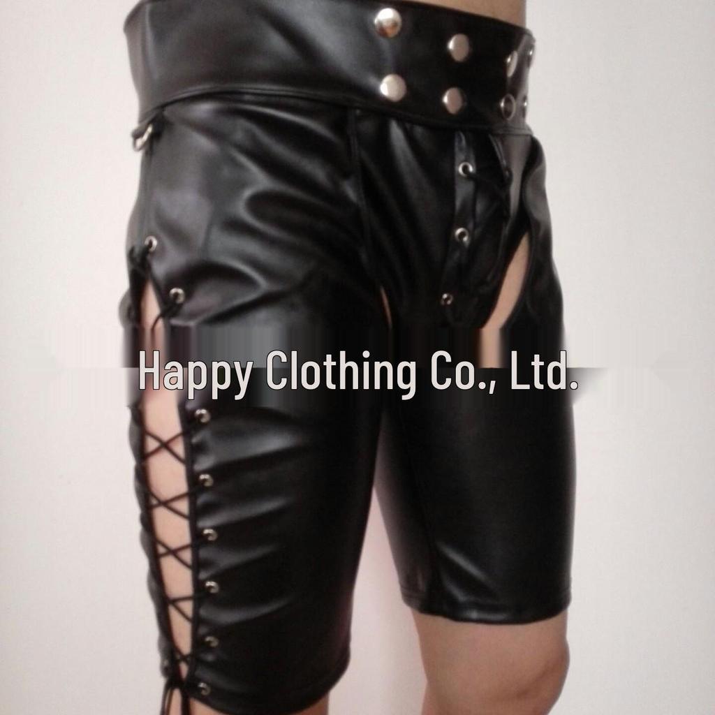 European & American Erotic PU Men's Open Crotch Patent Leather Tight Pants and Wild Leather Shorts