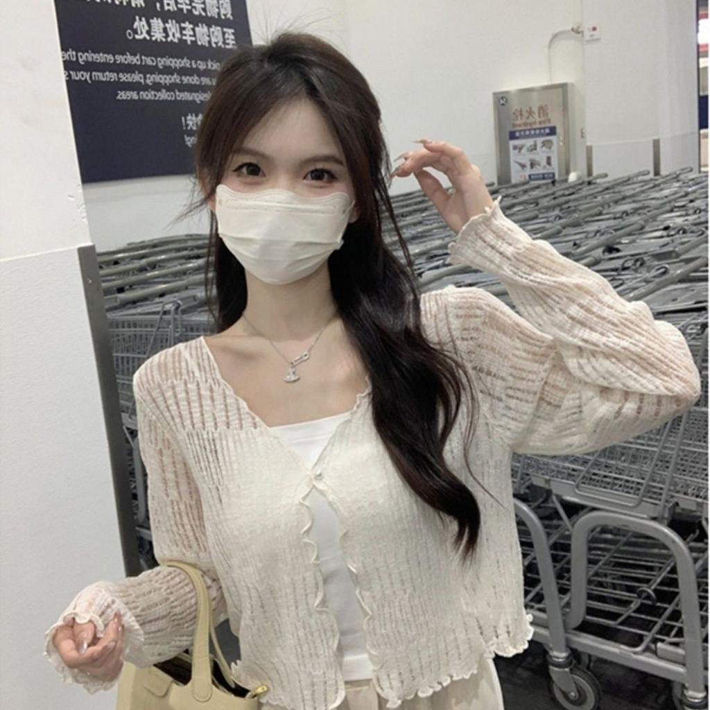 Summer Thin Sun Protection Coat Short Knit Cardigan Hollow Out V-neck Long Sleeve Shawl Top Air Conditioning Cover Up