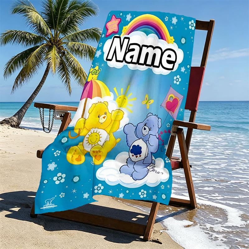 Custom Name Personalized Care Bears Print Beach Towel, for Trip Camping Beach Party Home Decor, Birthday Gift for Family & Friends