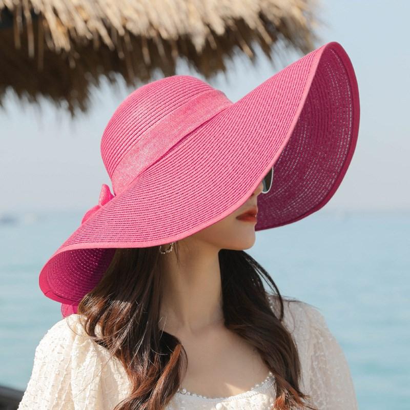Summer Wide-Brim Sunshade Travel Beach Hat for Women, Bowknot Straw Hat, Sun Protection, Foldable Summer Sun Hat for the Beach