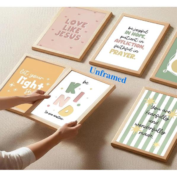 6Pcs Colorful Bible Verse Canvas Wall Art Christian Girls Education Posters Prints Children's Bible Pirational Quote Wall Decor Pictures for Nursery