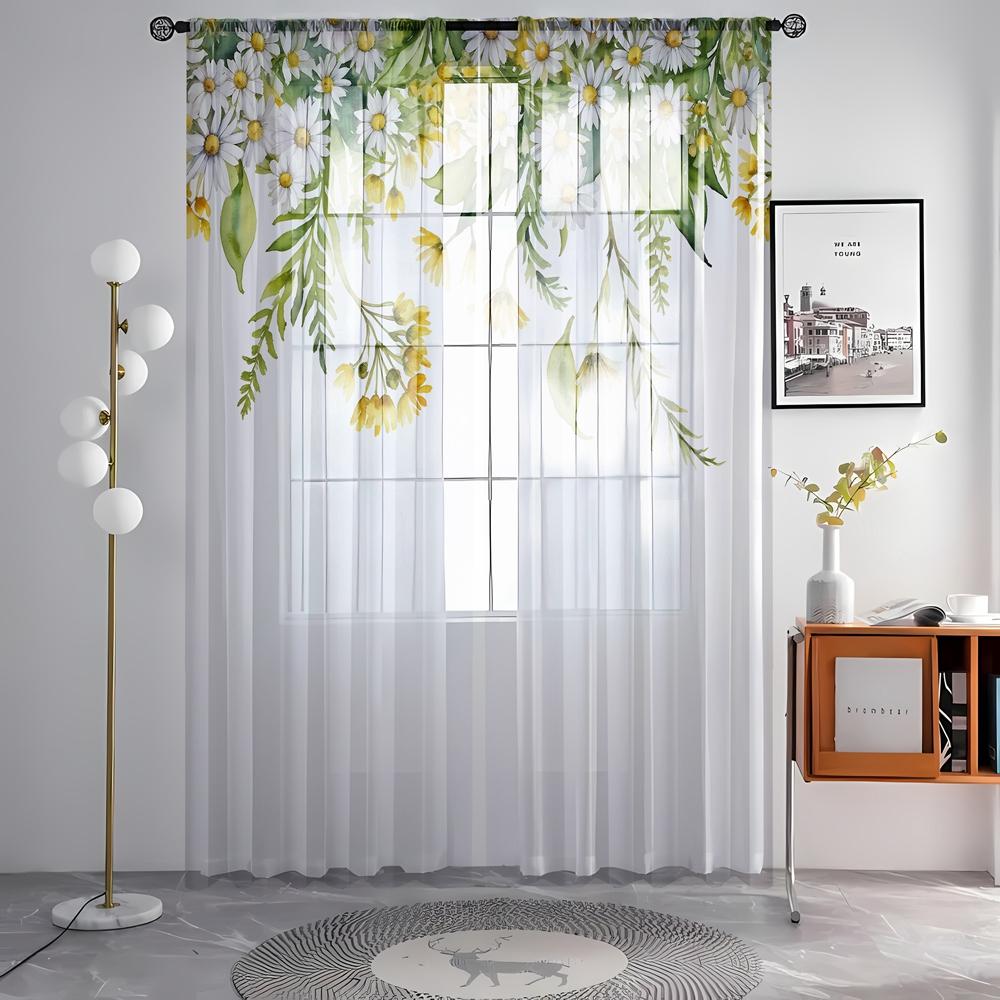 2pcs HD digital fresh small white flower printed window screen home decor style decoration living room bedroom rod through curta