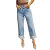 Damen Baggy Jeans High Waist Weites Bein Denim Hose Stretchiger Umschlagsaum Gerade Boyfriend Jeans mit Taschen
