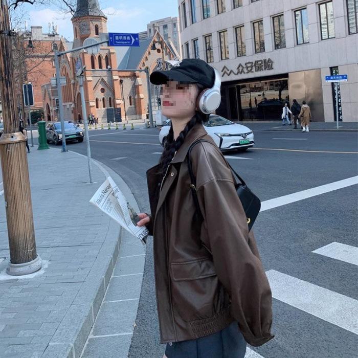 

Женская мотоциклетная куртка из ретро-кожи коричневого цвета 2024 года - Короткая, свободного кроя для весны и осени, в корейском стиле 2XL коричневый