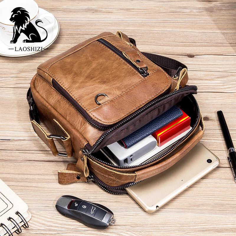 LAOSHIZI Genuine Leather Men's Crossbody Shoulder Bag Vintage Cowhide Messenger Bag for Male Small Casual Handbag
