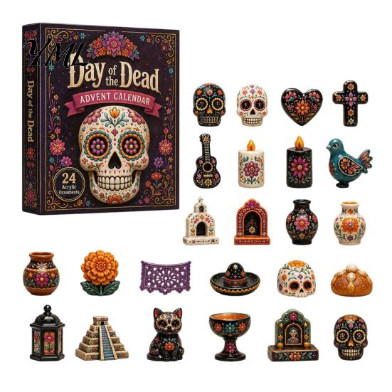 Calendario dell'Avvento di Halloween Giorno dei Morti, Set di Ornamenti Acrilici da 24 Giorni con Stile Oscuro Decorazioni per la Casa Teschio e Fiori di Calendula, Decorazione da Appendere all'Albero,
